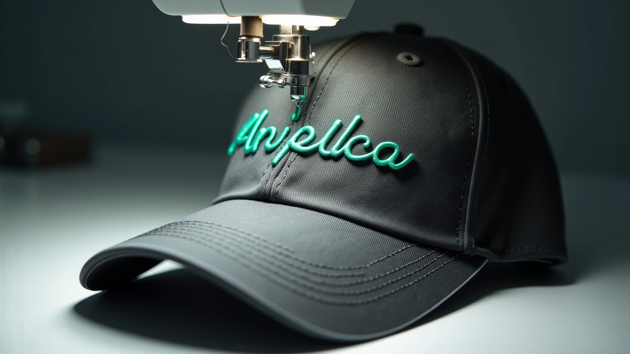 Embroidery machine stitching a logo onto a black cap